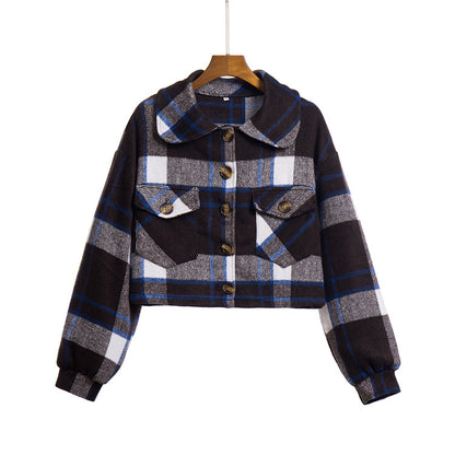 Women Elegant Casual Long-Sleeved Single-breasted Plaid Lapel Color Blocking Shacket