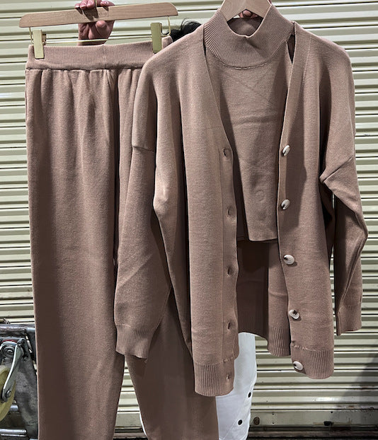Conjunto de tres piezas de chaqueta y pantalones de manga larga para mujer, informal, holgado, de color liso, para otoño e invierno