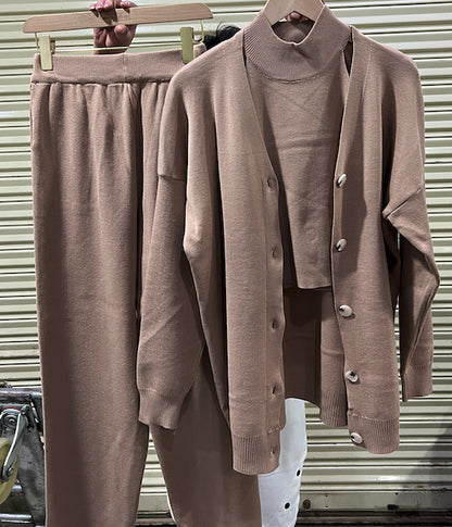 Conjunto de tres piezas de chaqueta y pantalones de manga larga para mujer, informal, holgado, de color liso, para otoño e invierno