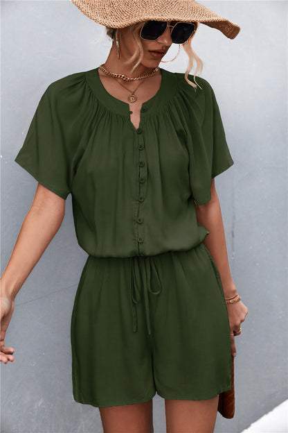 Women Solid Color Pleated Tie Button Casual Rompers