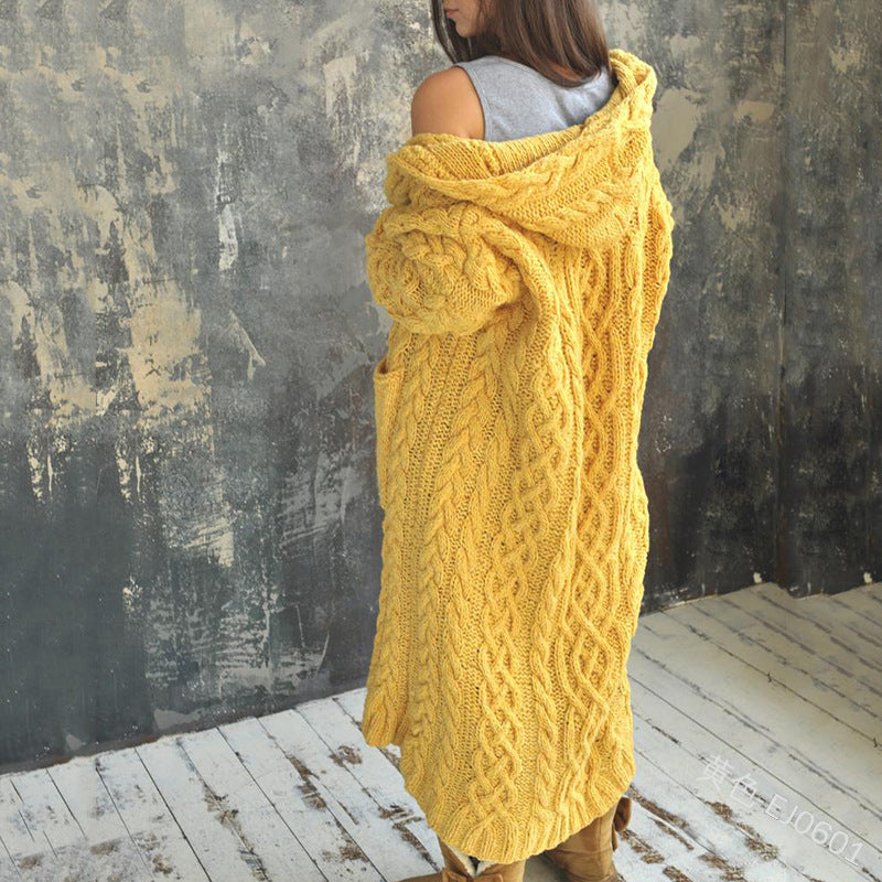 Women Casual Solid Color Long Sleeve Hooded Cardigan Knitted Sweater