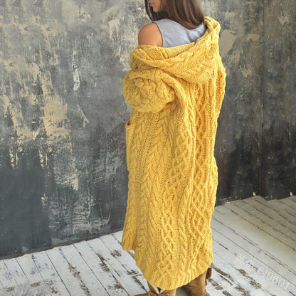 Women Casual Solid Color Long Sleeve Hooded Cardigan Knitted Sweater