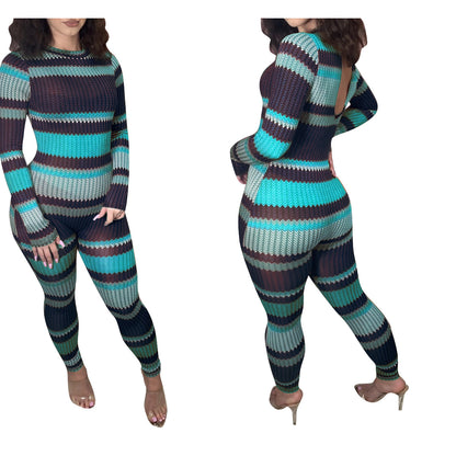 Women Fashion Casual Print Round Neck Long Sleeve Jumpsuit