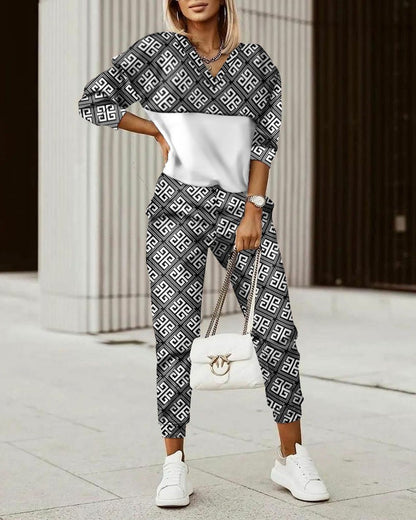 Conjunto informal de top y pantalón de manga larga con estampado geométrico colorido para mujer