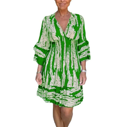 Women Fashion Casual V-Neck Printed Long Sleeve Dress