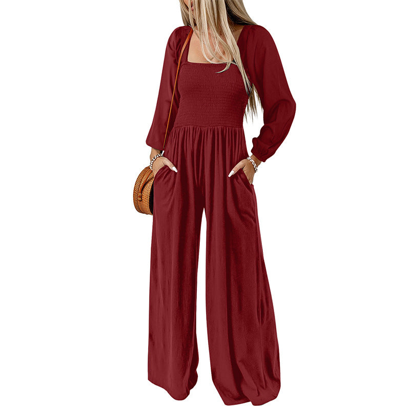 Women Fashion Casual Solid Color Square Collar Long Sleeve High Waist Wide Leg Jumpsuits