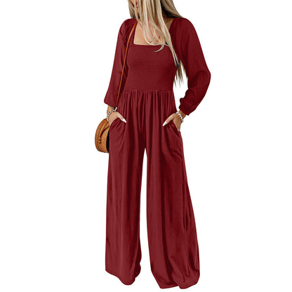 Women Fashion Casual Solid Color Square Collar Long Sleeve High Waist Wide Leg Jumpsuits