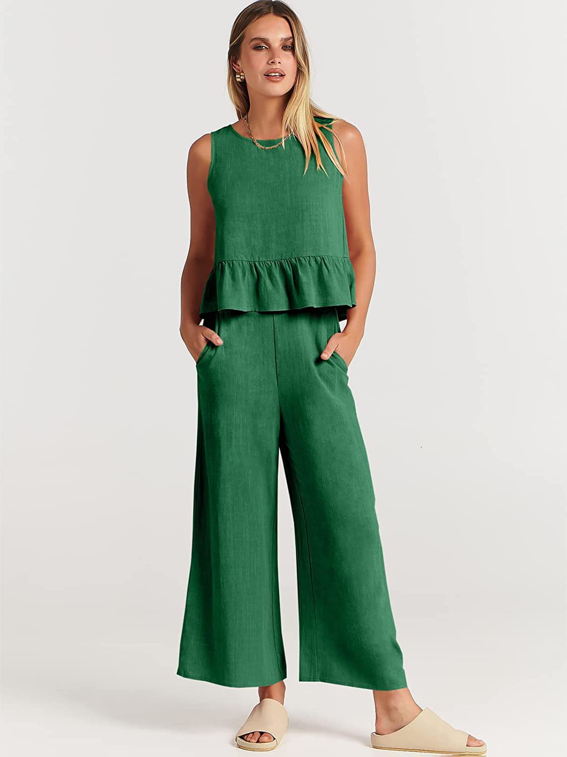 Conjunto de dos piezas de top informal sin mangas y pantalón ancho para mujer