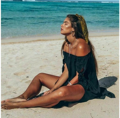 Women Fashion Casual Solid Color Boat Neck Short Sleeve Slit Long Dress