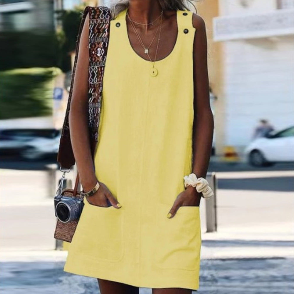 Summer Women Casual Solid Color Pocket Loose Dress