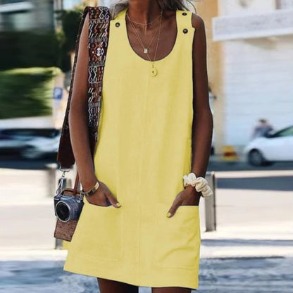 Summer Women Casual Solid Color Pocket Loose Dress