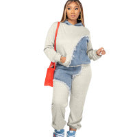 Conjunto de dos piezas con capucha y pantalones de mezclilla con parches informales a la moda para mujer