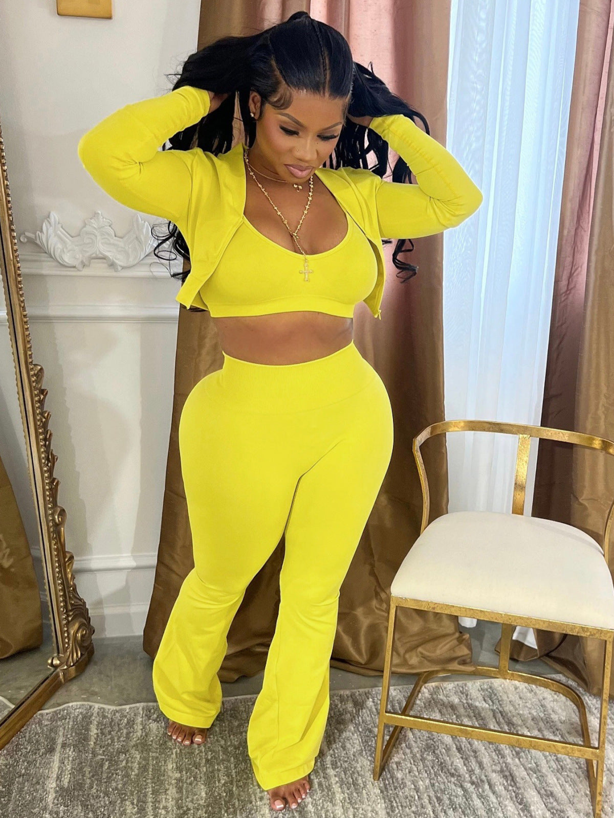 Women Fashion Casual Solid Color Camisole Long Sleeve Cardigan Top Tight Pants Three-Piece Set