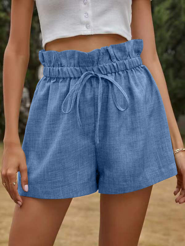 Summer Women Casual Solid Color High Waist Lace-Up Loose Shorts