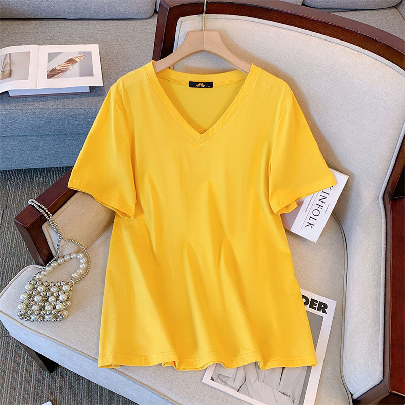 Camiseta informal de verano para mujer, color liso, cuello en V y manga corta