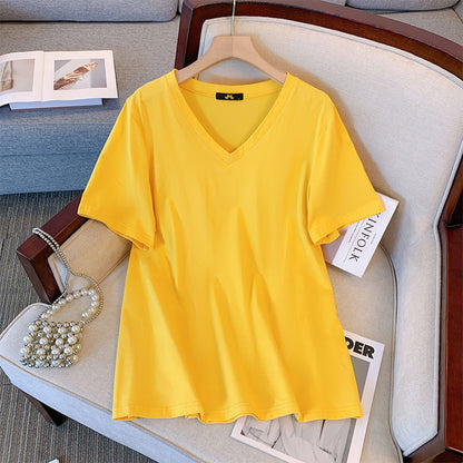 Camiseta informal de verano para mujer, color liso, cuello en V y manga corta
