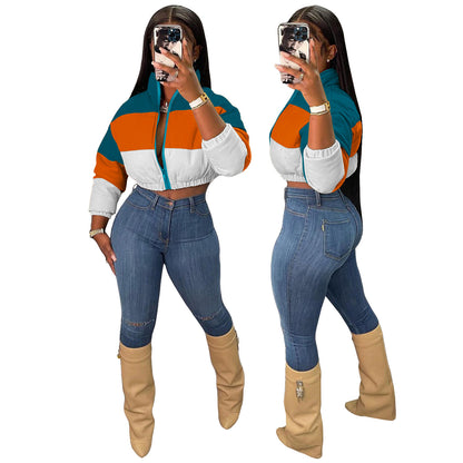 Autumn Winter Women Loose Casual Color-Matching Long-Sleeve Short Cotton-Padded Coat