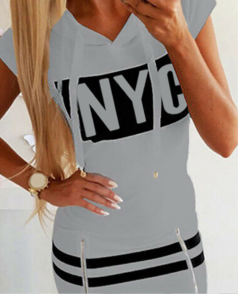 Women Fashion Casual Letter Print Short-Sleeve Hooded Slim-Fit Dress