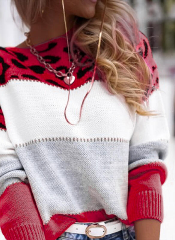 Suéter de punto de manga larga con cuello redondo y estampado de leopardo a juego para mujer