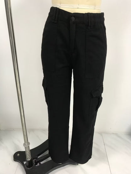 Women Fashion Casual Solid Color High-Waist Multi-Pocket Slim-Fit Pants
