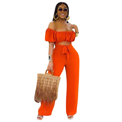 Women Solid Color Backless One-Shoulder One-Piece Casual Wide-Leg Jumpsuit