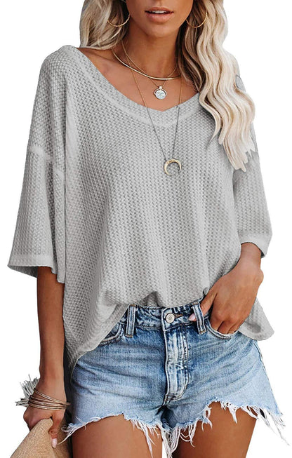 Prendas de punto informales con cuello en V y mangas cortas de color liso para mujer