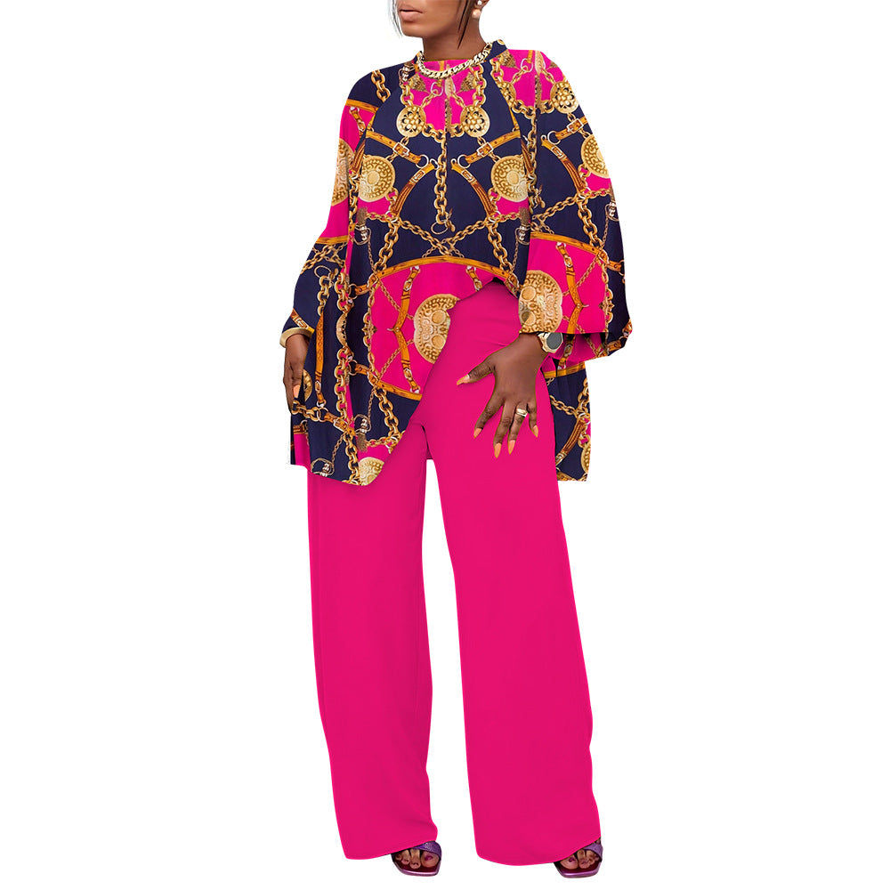 Conjunto de blusa y pantalones con estampado de talla grande informal holgado a la moda de primavera y otoño para mujer