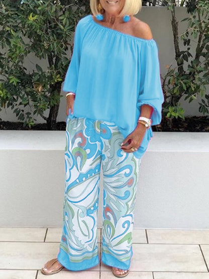 Conjunto de dos piezas para mujer: top de color liso con hombros descubiertos y pantalón estampado informal