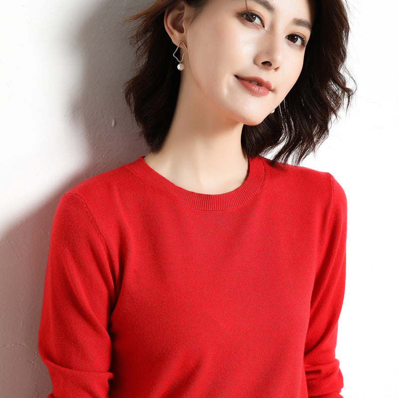 Women Simple Casual Solid Color Round Neck Long Sleeve Knitted Sweater