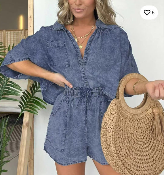 Conjunto de dos piezas de pantalones cortos casuales, holgados y cómodos para mujer
