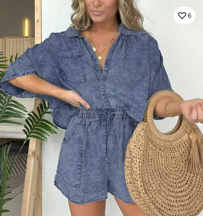 Conjunto de dos piezas de pantalones cortos casuales, holgados y cómodos para mujer