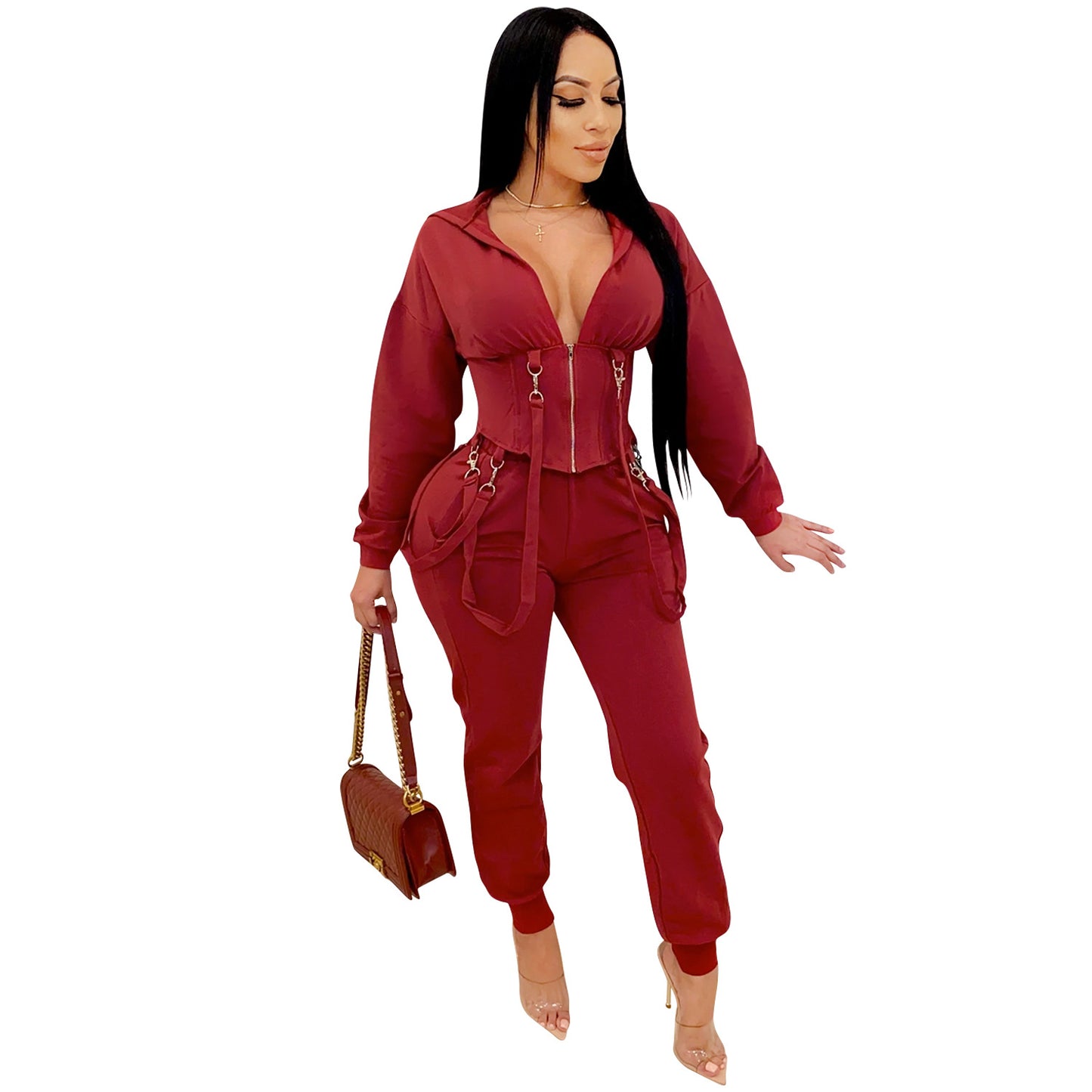 Conjunto informal de dos piezas con top y pantalones cortos con capucha y cremallera para mujer
