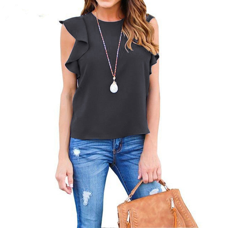 Blusa informal sin mangas con volantes de gasa de color liso a la moda para mujer