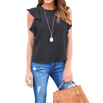 Blusa informal sin mangas con volantes de gasa de color liso a la moda para mujer