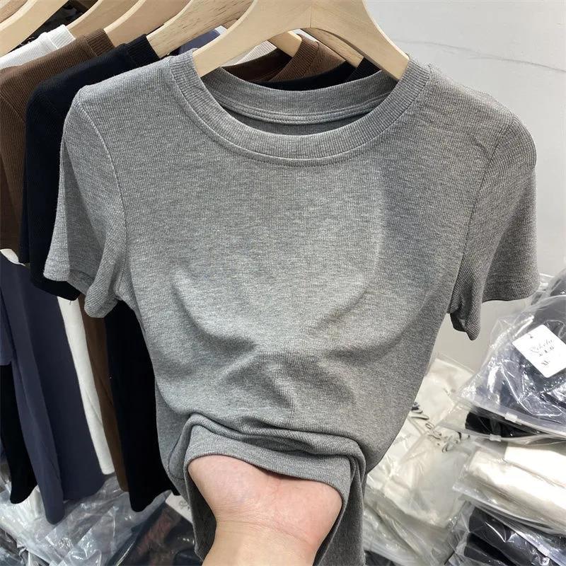 Summer Women Casual Solid Color Tight Thread Short Sleeve Blank T-Shirt