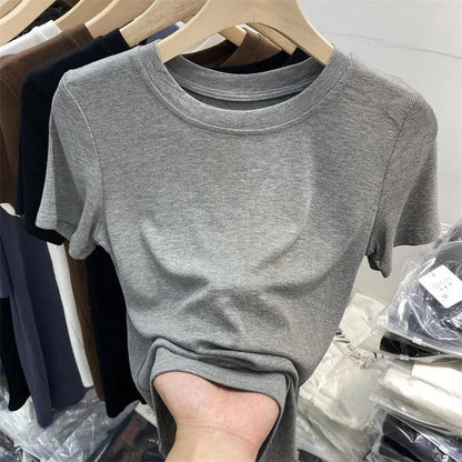 Summer Women Casual Solid Color Tight Thread Short Sleeve Blank T-Shirt