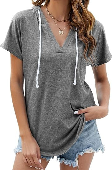 Camiseta holgada informal de manga corta con cuello en V y color liso para mujer