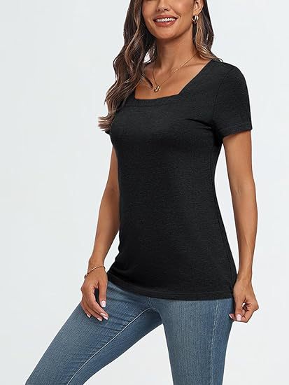 Camiseta informal de verano para mujer, con cuello cuadrado, color liso, manga corta y sin mangas