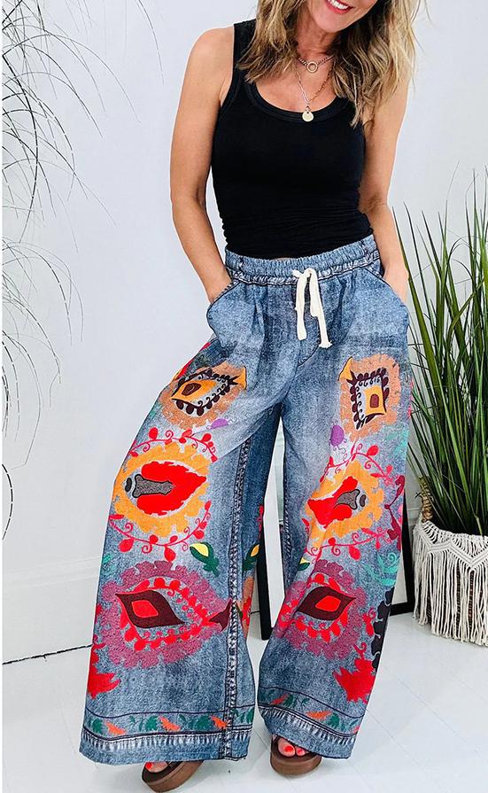 Ethnic Vintage Boho Women Spring And Summer Lace-Up Imitation Denim Floral Printed Pocket Loose Casual Pants