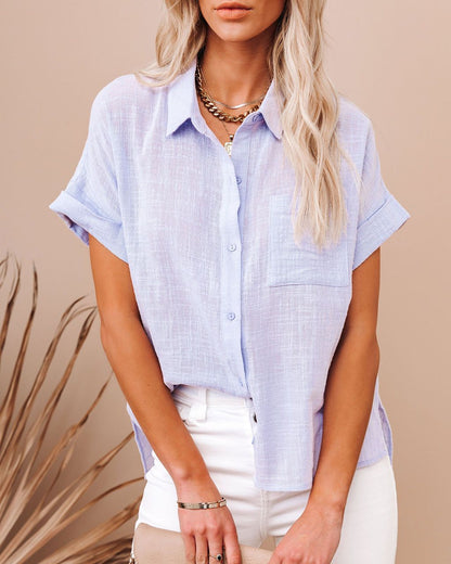 Blusa informal de manga corta con botones y nudo para mujer, color liso, a la moda