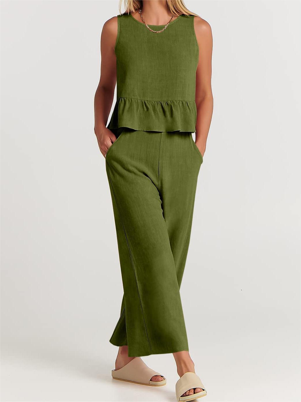 Conjunto informal de verano para mujer, blusa sin mangas con volantes y pantalones de pierna ancha