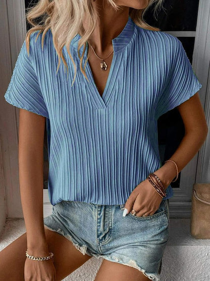Women Fashion Casual Solid Color V-Neck Stripe Short Sleeve Blouse