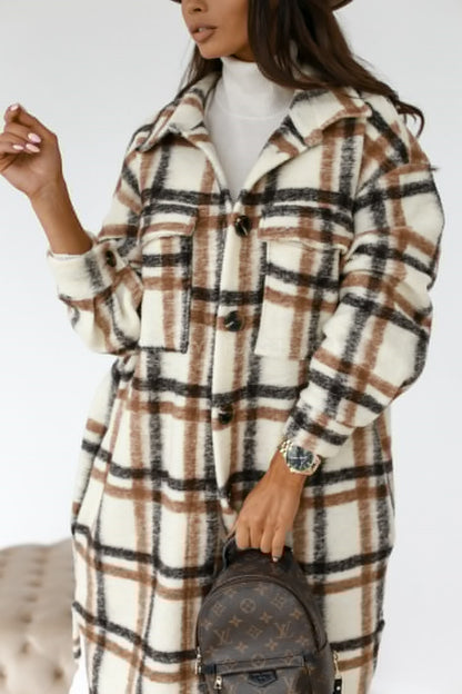 Abrigo de invierno para mujer, de manga larga, con solapa abotonada, informal, cálido, a cuadros