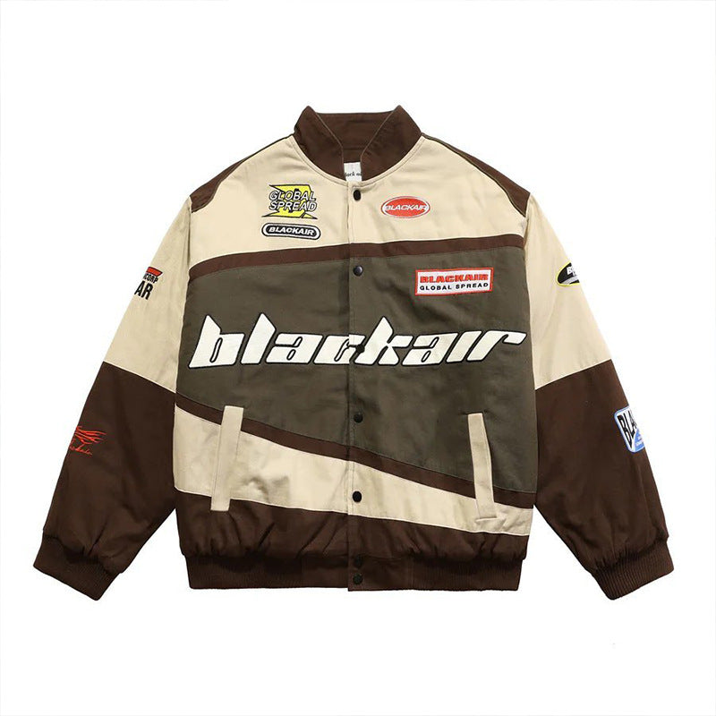 Chaqueta de béisbol de motociclista de manga larga informal con estampado de bloques de color estilo deportivo a la moda para mujer