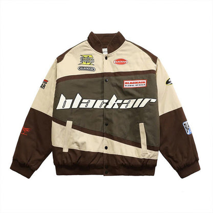 Chaqueta de béisbol de motociclista de manga larga informal con estampado de bloques de color estilo deportivo a la moda para mujer
