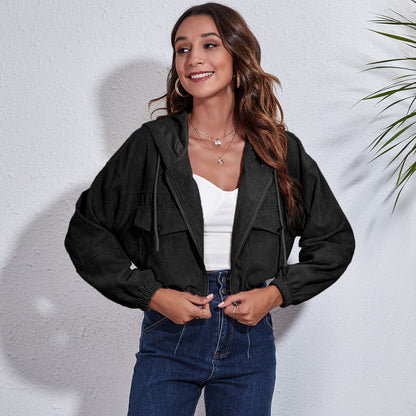 Women Autumn Casual Hoodie Corduroy Loose Long-sleeved Solid Color Crop Shacket