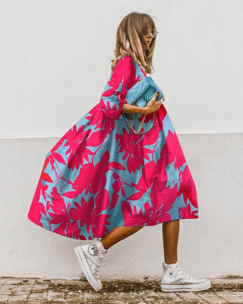 Summer Women Casual Edgy Short Sleeves Round Neck Floral Print Loose Dress