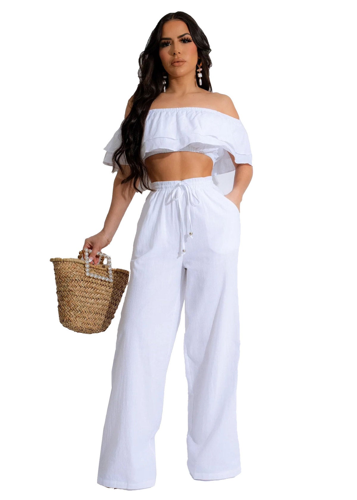 Women Fashion Casual Ruffled Off Shoulder Crop Top Drawstring Pants Two-Piece Set