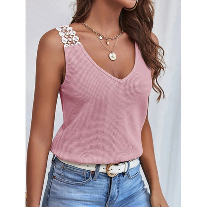 Camiseta sin mangas informal de verano para mujer con diseño de gofres y encaje de color liso