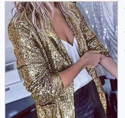Chaqueta informal de manga larga con solapa y lentejuelas de color liso para mujer
